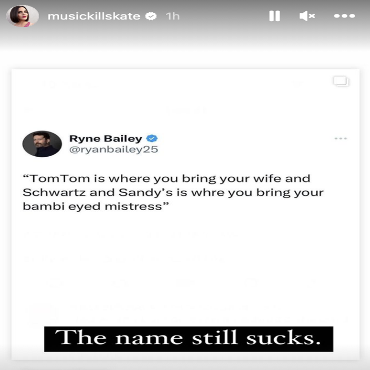 a tweet that says, tomtom is where you bring your wife and schwartz and sandy's is where you bring your bambi eyed mistress, with katie adding the name still sucks in reference to the bar