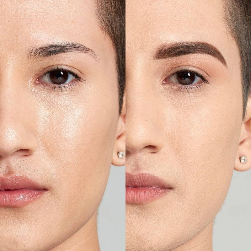 A person showing before and after images of their face with using the loose powder
