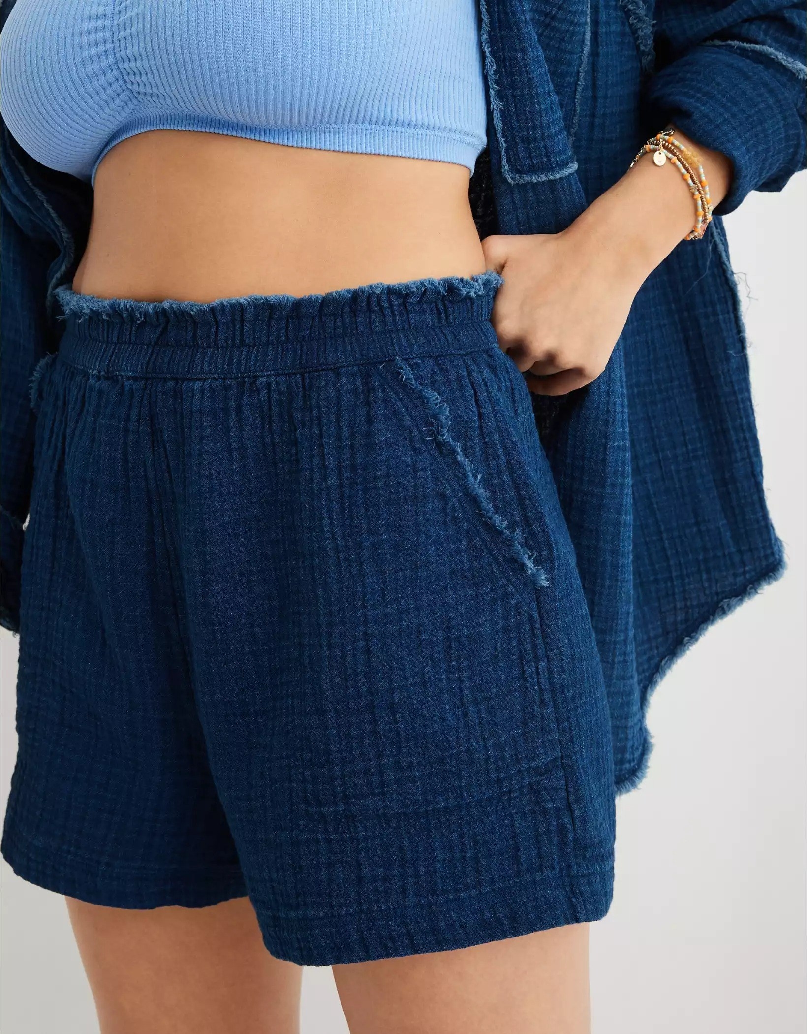 A picture of the lower half of the model wearing the shorts in blue