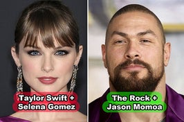 Side-by-sides of Taylor Swift + Selena Gomez morphed together and The Rock + Jason Momoa morphed together