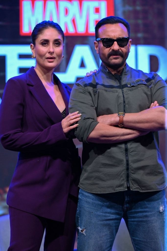 Bollywood actors Kareena Kapoor and Saif Ali Khan attend the press conference for the Hindi version of Marvel's Wastelanders