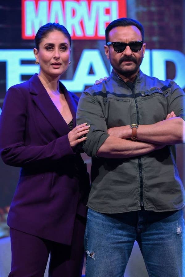 Bollywood actors Kareena Kapoor and Saif Ali Khan attend the press conference for the Hindi version of Marvel's Wastelanders
