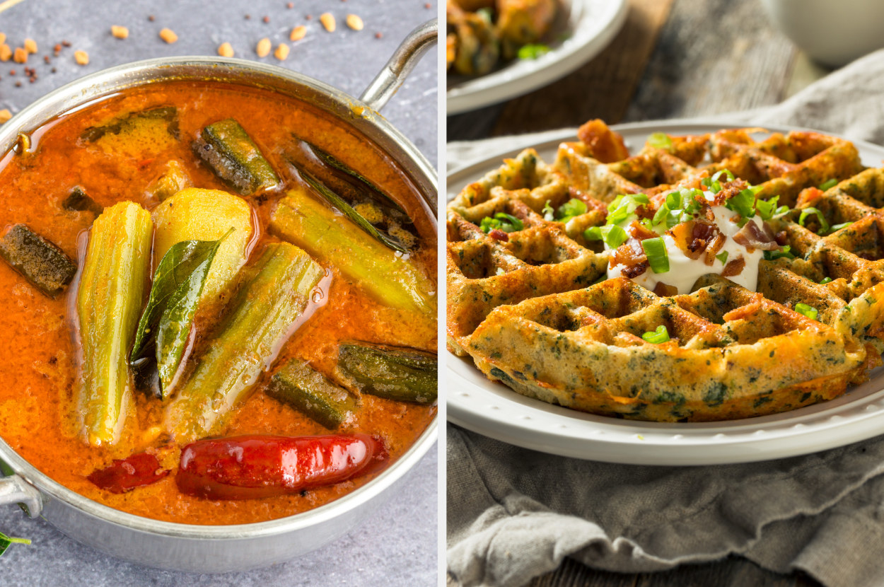 A collage of a bowl of sambar and waffles