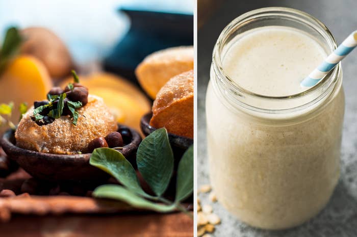 A collage of golgappa and a smoothie glass