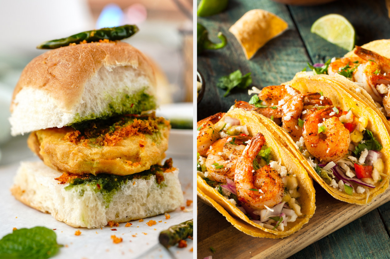 A collage of vada pav and tacos