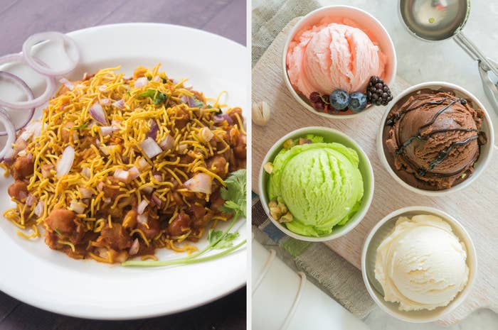 A collage of chole chaat and several bowls of ice cream