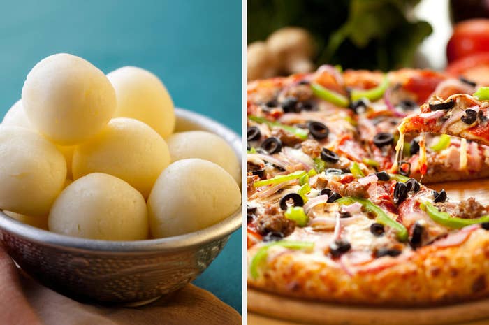 A collage of a bowl of rasgulla and pizza