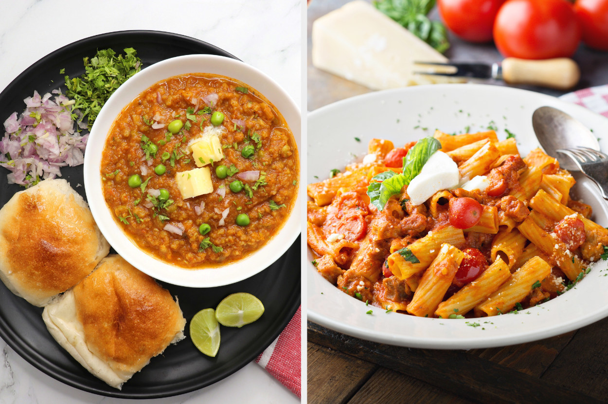 A collage of pav bhaji and a plate of pasta