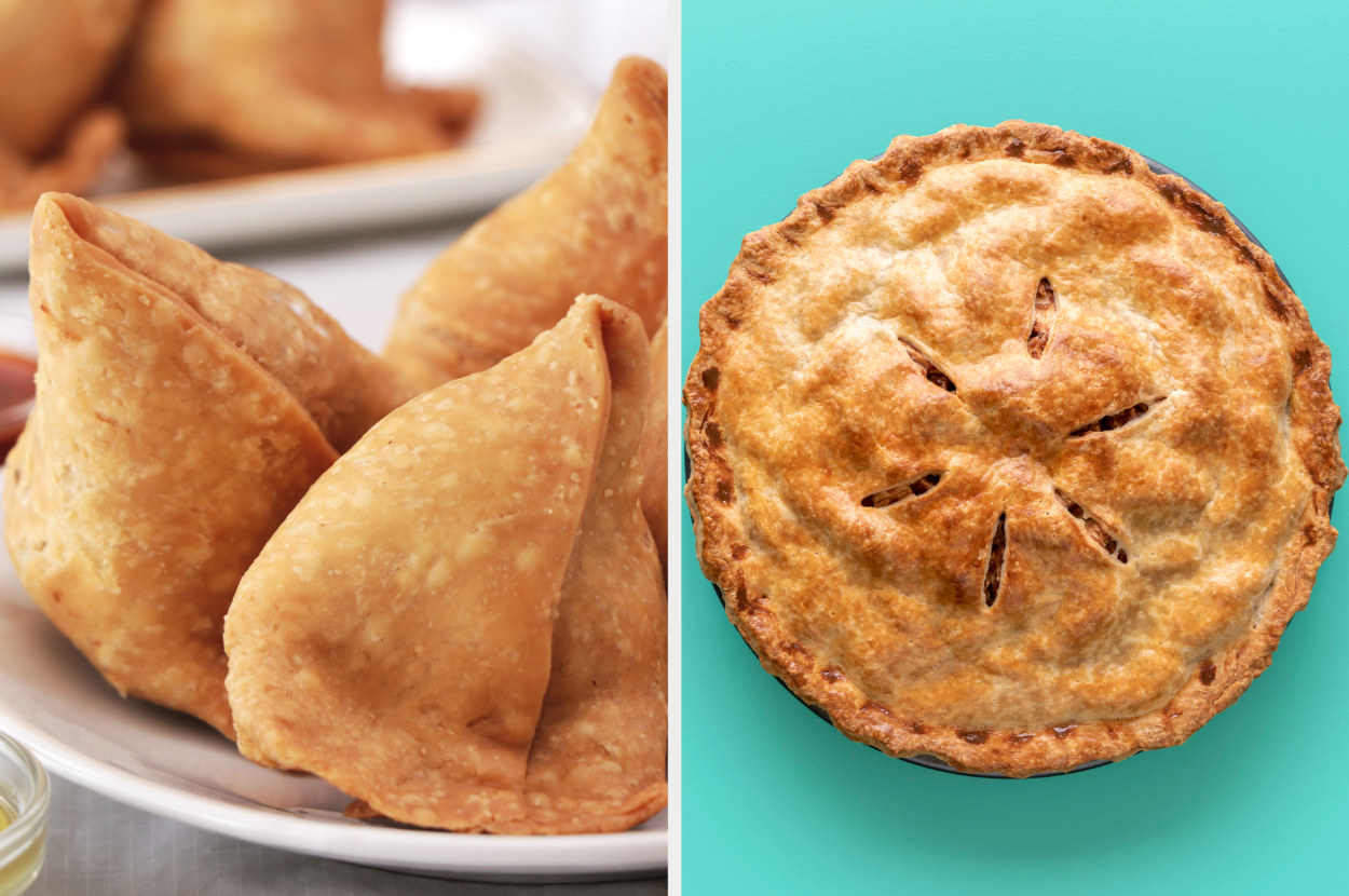 A collage of samosas and a pie