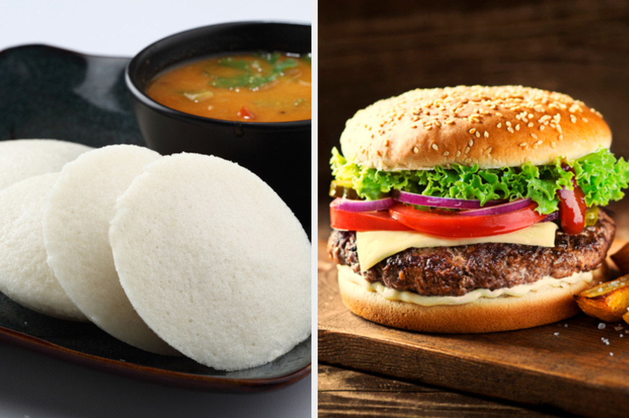 A collage of idlis and a burger