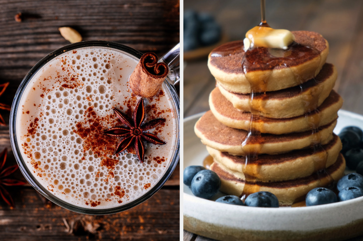 A collage of chai latte and a stack of pancakes