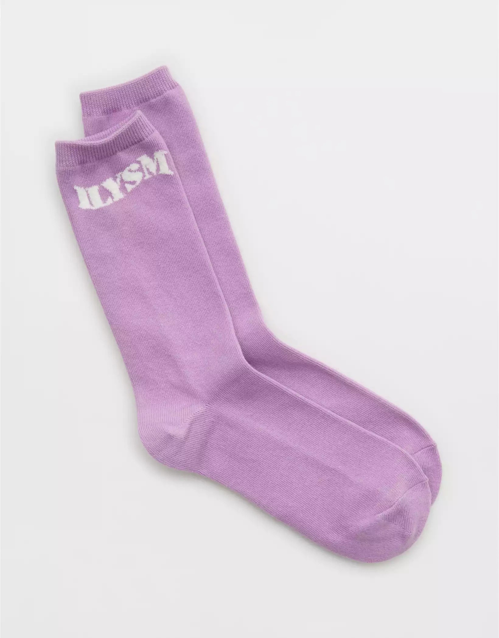 The socks in lavender with the acronym &quot;ILYSM&quot;