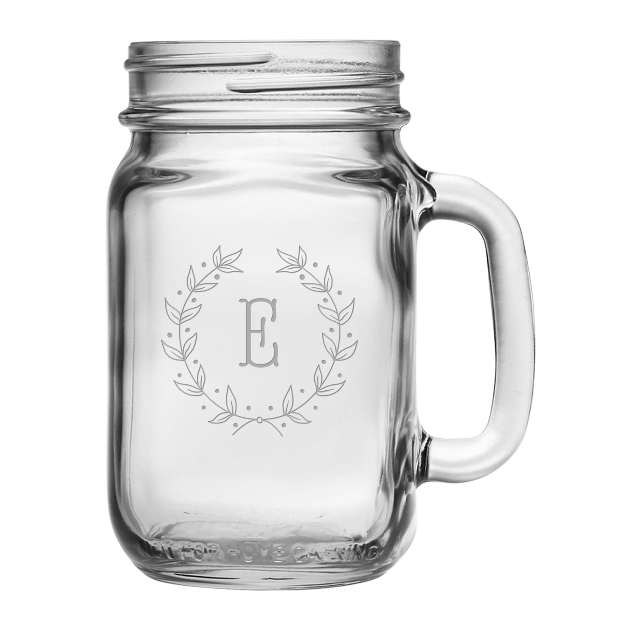 Image of mason jar with the initial &quot;E&quot;