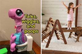 A toy turtle on a toilet/A child standing on an indoor play gym