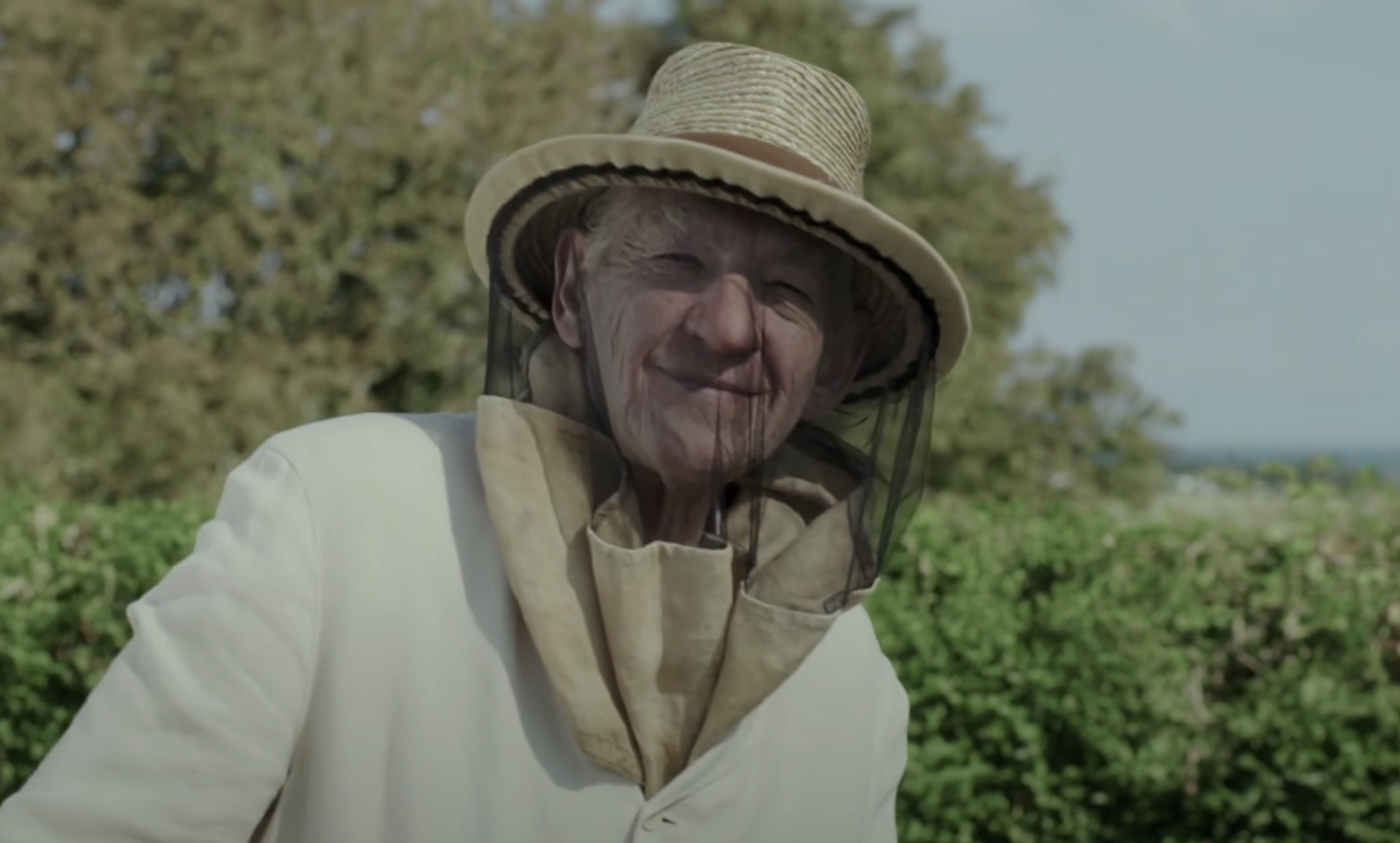 Sir Ian McKellen in a beekeeper&#x27;s outfit in &quot;Mr. Holmes&quot;