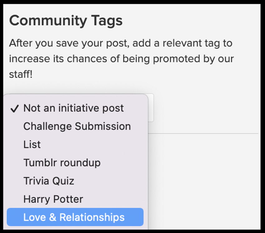 The &quot;Community tags&quot; box inside a Community quiz draft.