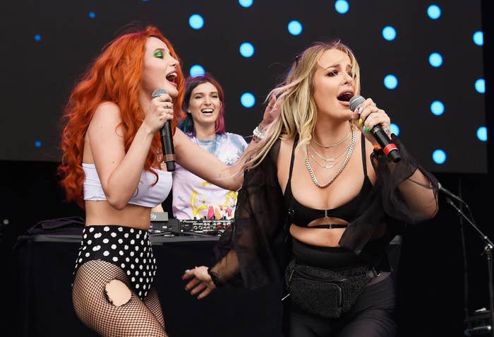 Bella Thorne, COM3T, Tana Mongeau perform onstage during Day 2 of Billboard Hot 100 Festival 2018 at Northwell Health at Jones Beach Theater on August 19, 2018 in Wantagh, New York