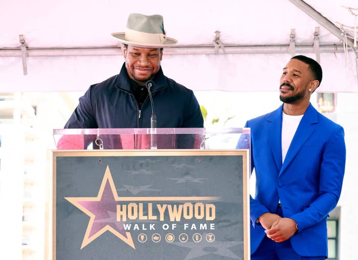 Jonathan Majors and Michael B. Jordan speak during the Hollywood Walk Of Fame Star Ceremony