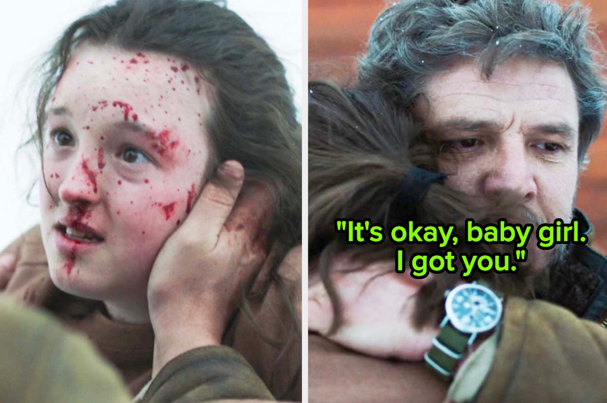 Joel holding Ellie and saying, "It's okay, baby girl. I got you"