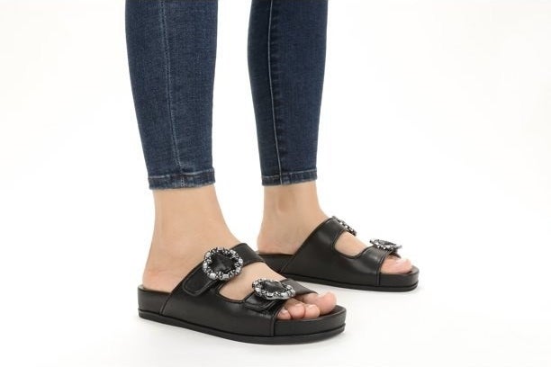 model wearing the sandals in black