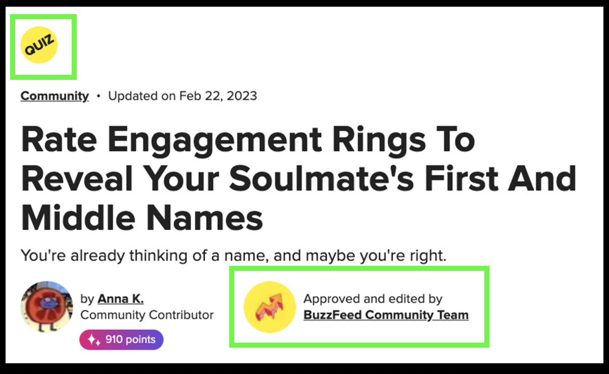 A published draft with a quiz badge and note that says &quot;approved by the BuzzFeed Community team.&quot;