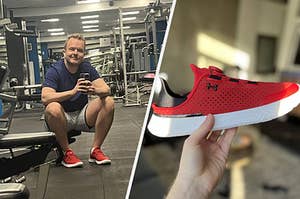 author taking a gym selfie and a photo of a red and white shoe