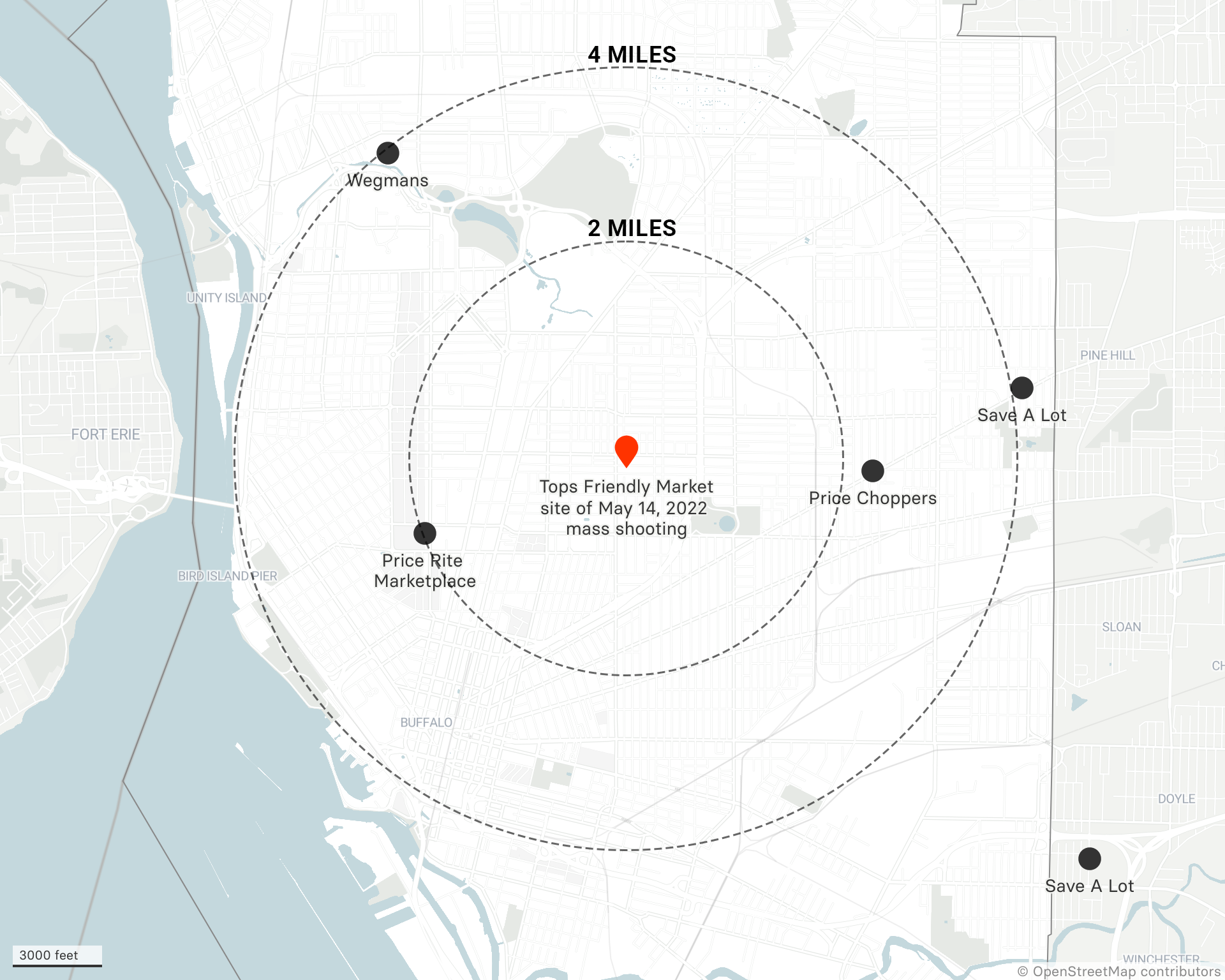 A map showing the location of Tops Friendly Market and the nearest grocery stores, which are at least 2 miles away