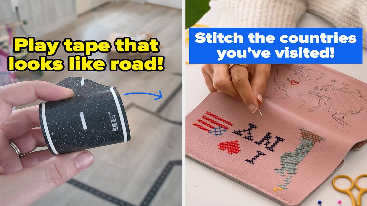 L: reviewer holding a roll of play tape for kids that looks like road R: hand stitching a pink leather travel wallet, which has an outline of the world on it for you to stitch