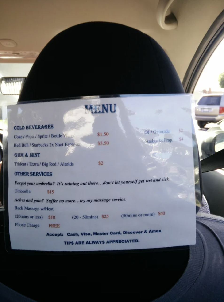 menu on the back seat with snacks and a massage list