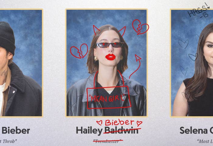 A yearbook image shows Hailey Bieber, with the word &quot;trendsetter&quot; and last name &quot;Baldwin&quot; crossed out. Drawn in red pen on her image are lipstick, red eyes, broken hearts, and devil horns and a tail with a sign reading &quot;mean girl&quot; around her neck