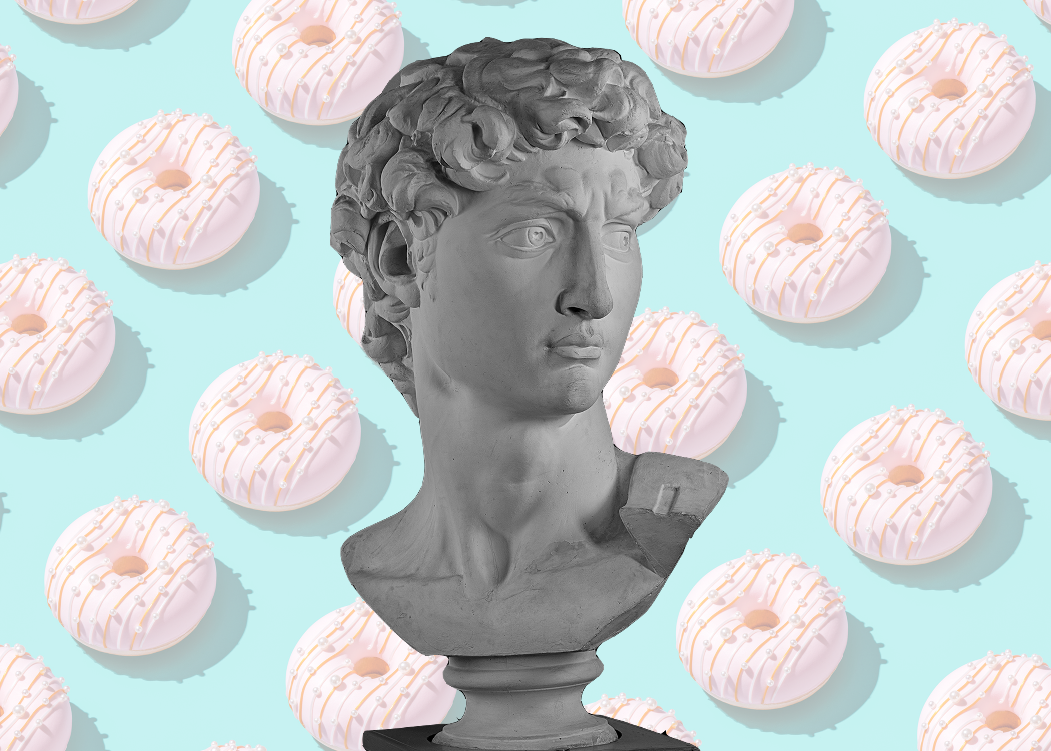 A Roman-style bust set in front of a donut background