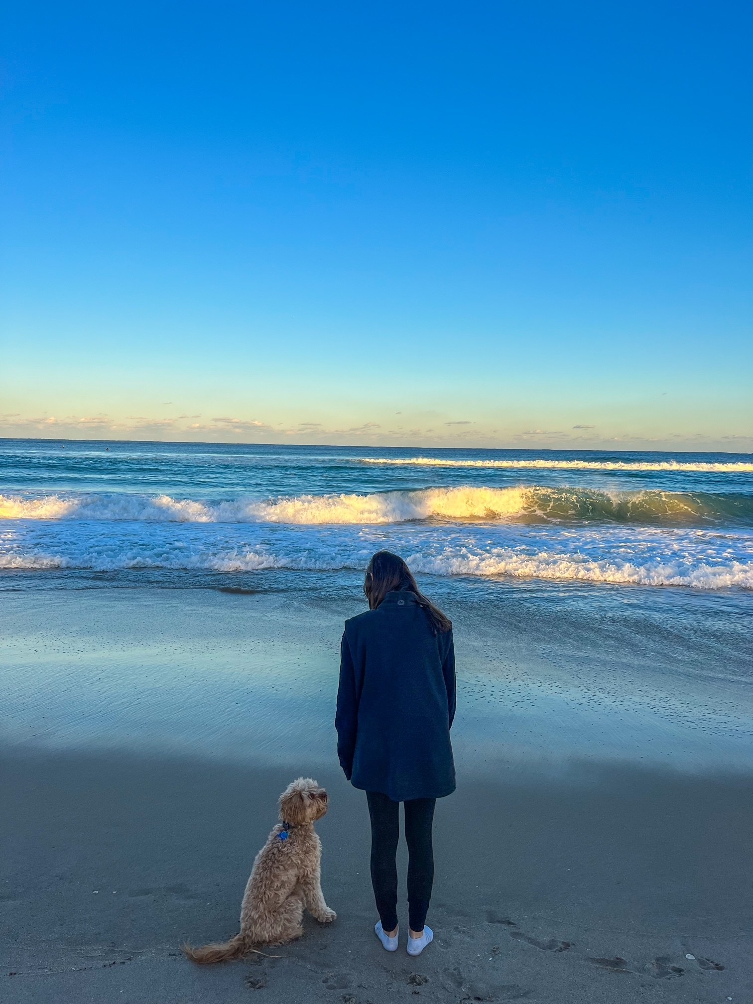 Me standing by the ocean with my dog.