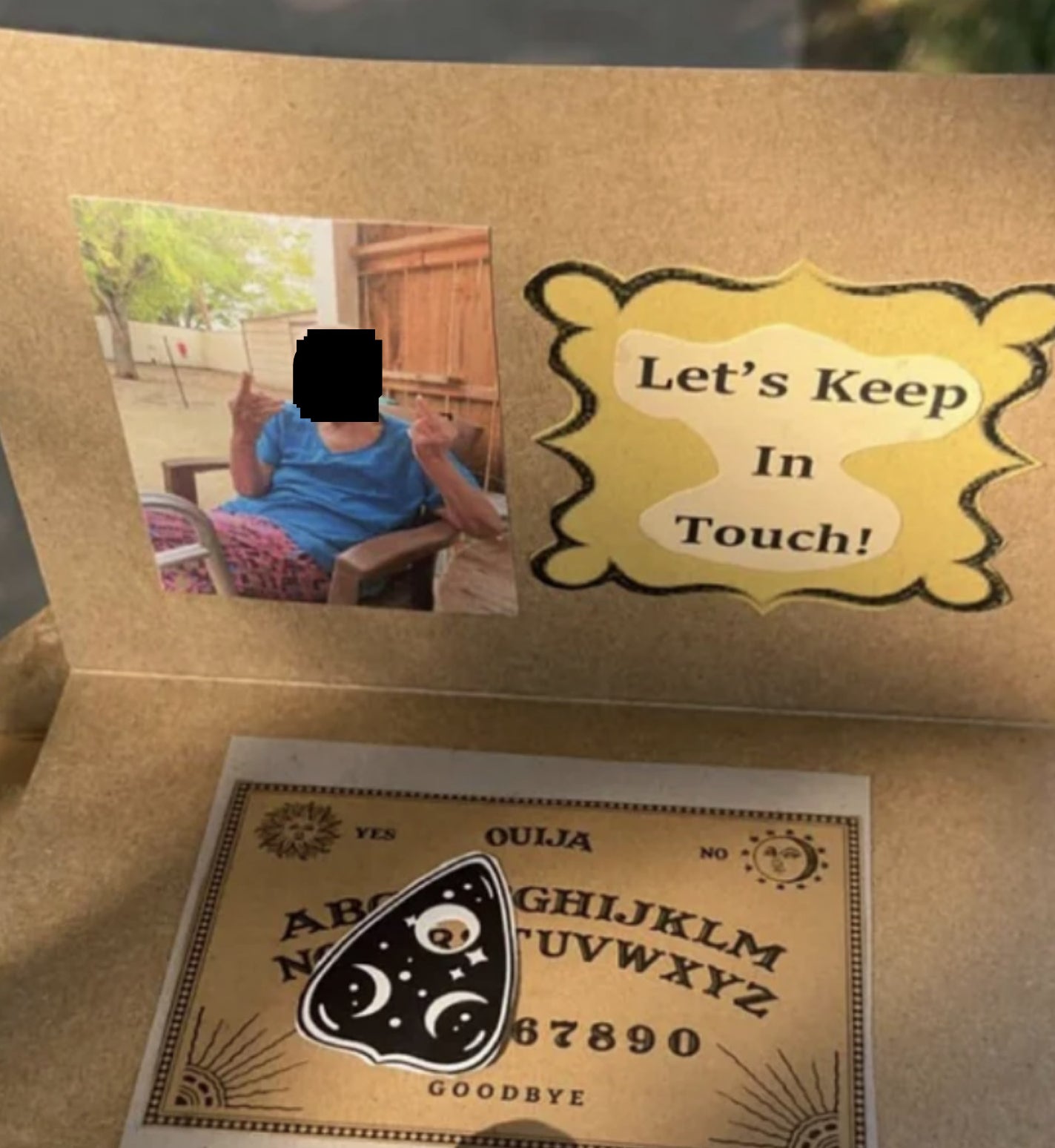Photo of the dead person giving the finger, along with &quot;Let&#x27;s keep in touch!&quot; and a Ouija board saying &quot;Goodbye&quot;