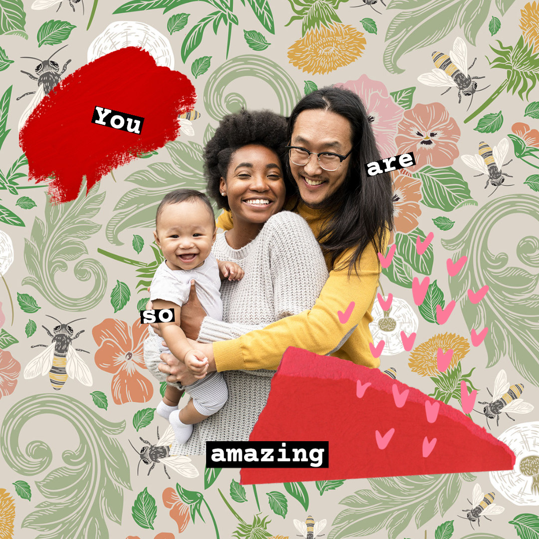 Graphic of woman and her family on colorful background with the words &quot;You are so amazing&quot; surrounding her