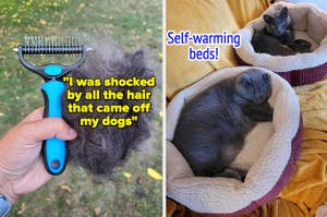 reviewer holding a grooming brush and a big clump of pet hair with a positive review quote / buzzfeeder's two cats sleeping in round beds with text: self-warming beds!