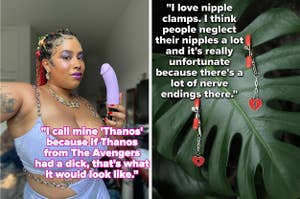 Madam Namio holding purple vibrator and red nipple clamps attached to monstera leaf