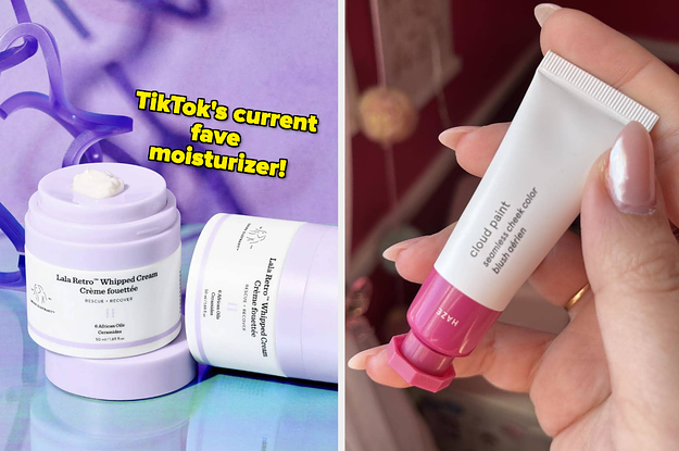 moisturizer in front of a colourful background, and a person holding a tube of liquid blush