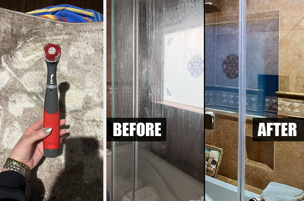 a rotating scrubbing brush, a before and after of a glass shower where the after is clean and grime free