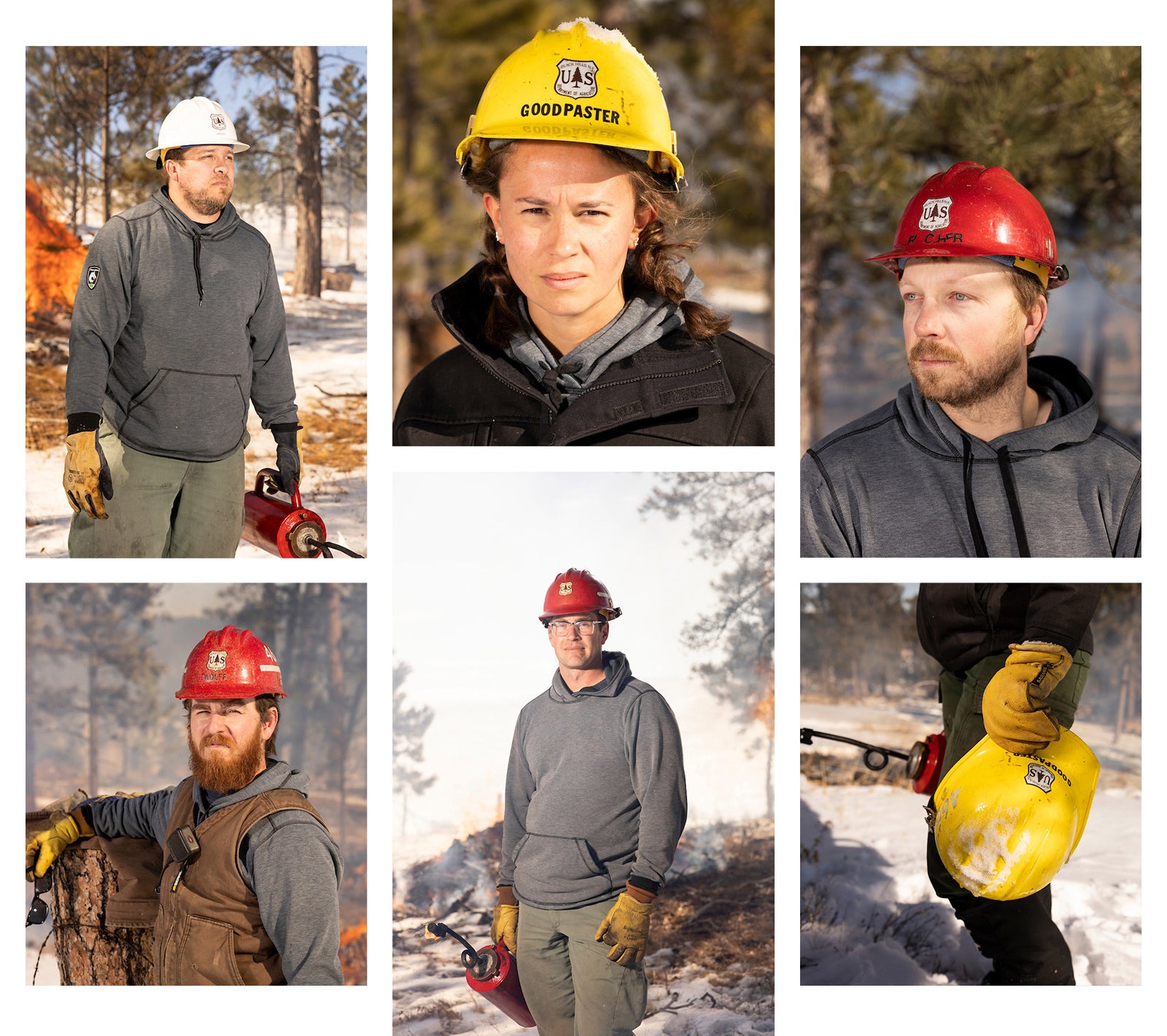 A grid of forest service workers wearing protective gloves, firestarter, and safety hats with the US Forest Service Logo on the front