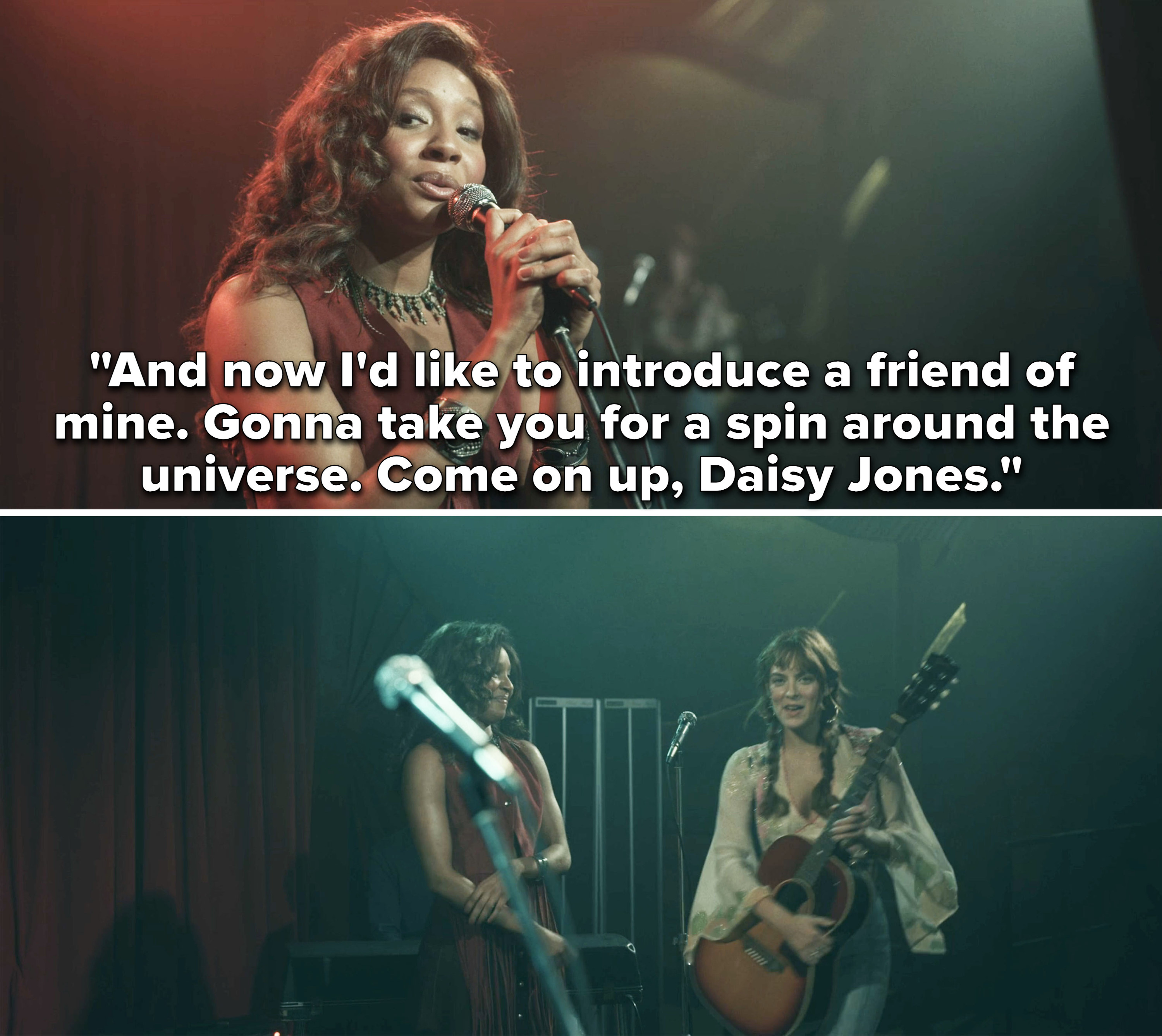 Simone saying, &quot;And now I&#x27;d like to introduce a friend of mine. Gonna take you for a spin around the universe. Come on up, Daisy Jones&quot;