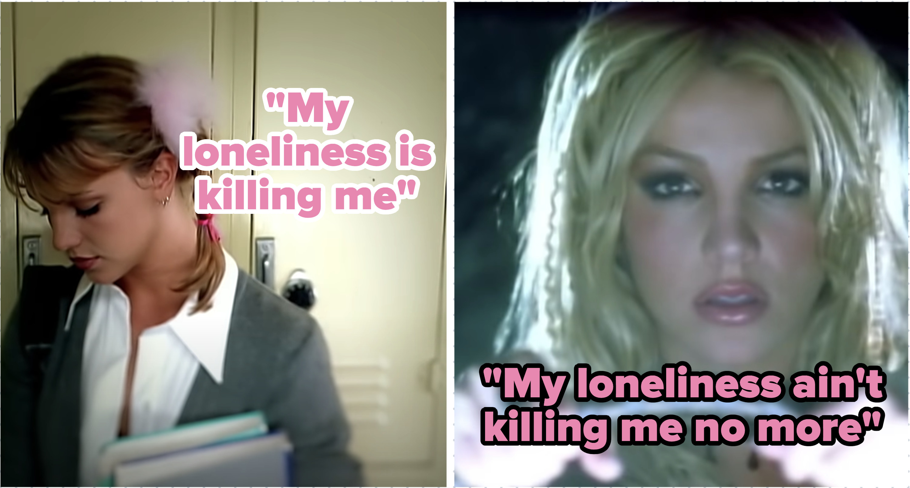 on the left an image of britney spears in the baby one more time video. on the right an image of britney spears in the stronger video