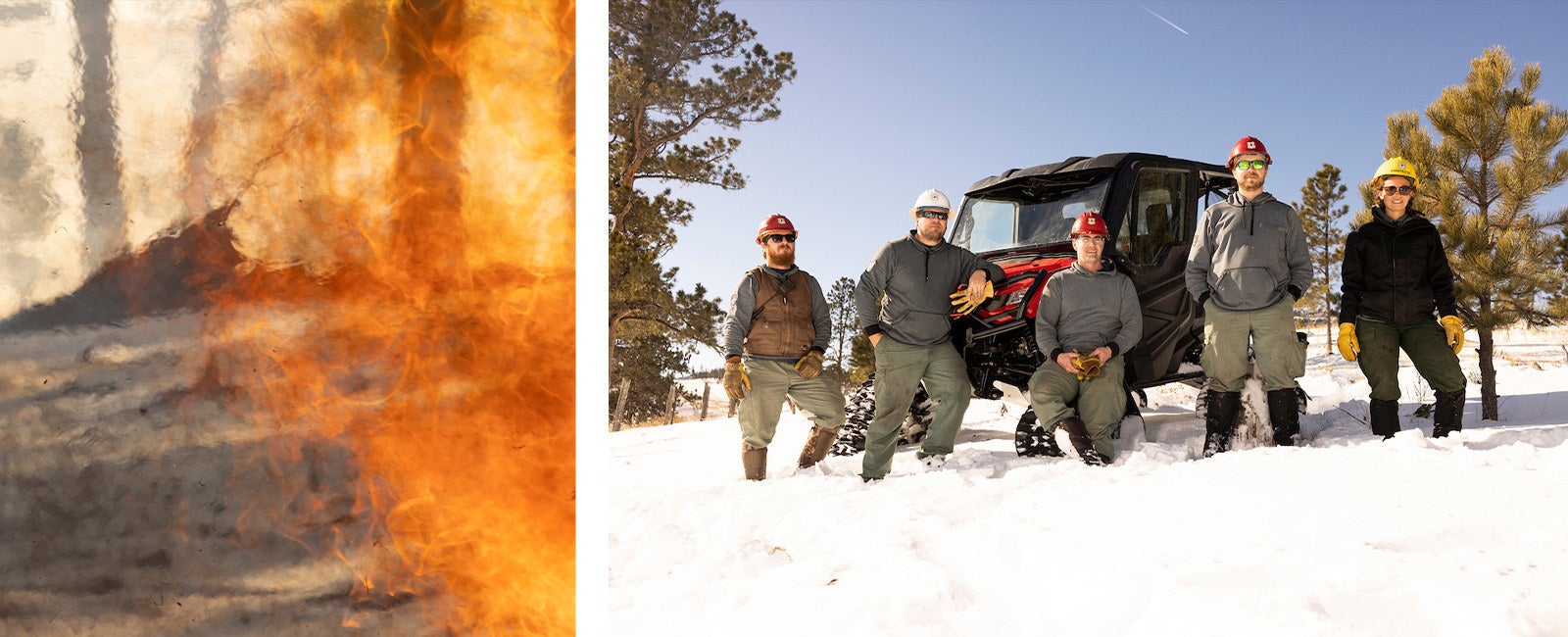two side-by-side photos show a close-up photo of flame with heat obscuring the snow and trees in the background, and five forest service workers line up in sweatshirts, hearthats, and sunglasses in front of a four wheeler