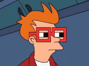 a gif of fry from futurama narrowing his eyes suspiciously while wearing enormous square glasses