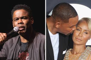 Chris Rock speaks into a microphone with his face scrunched up vs Will Smith kissing Jada Pinkett Smith on the cheek