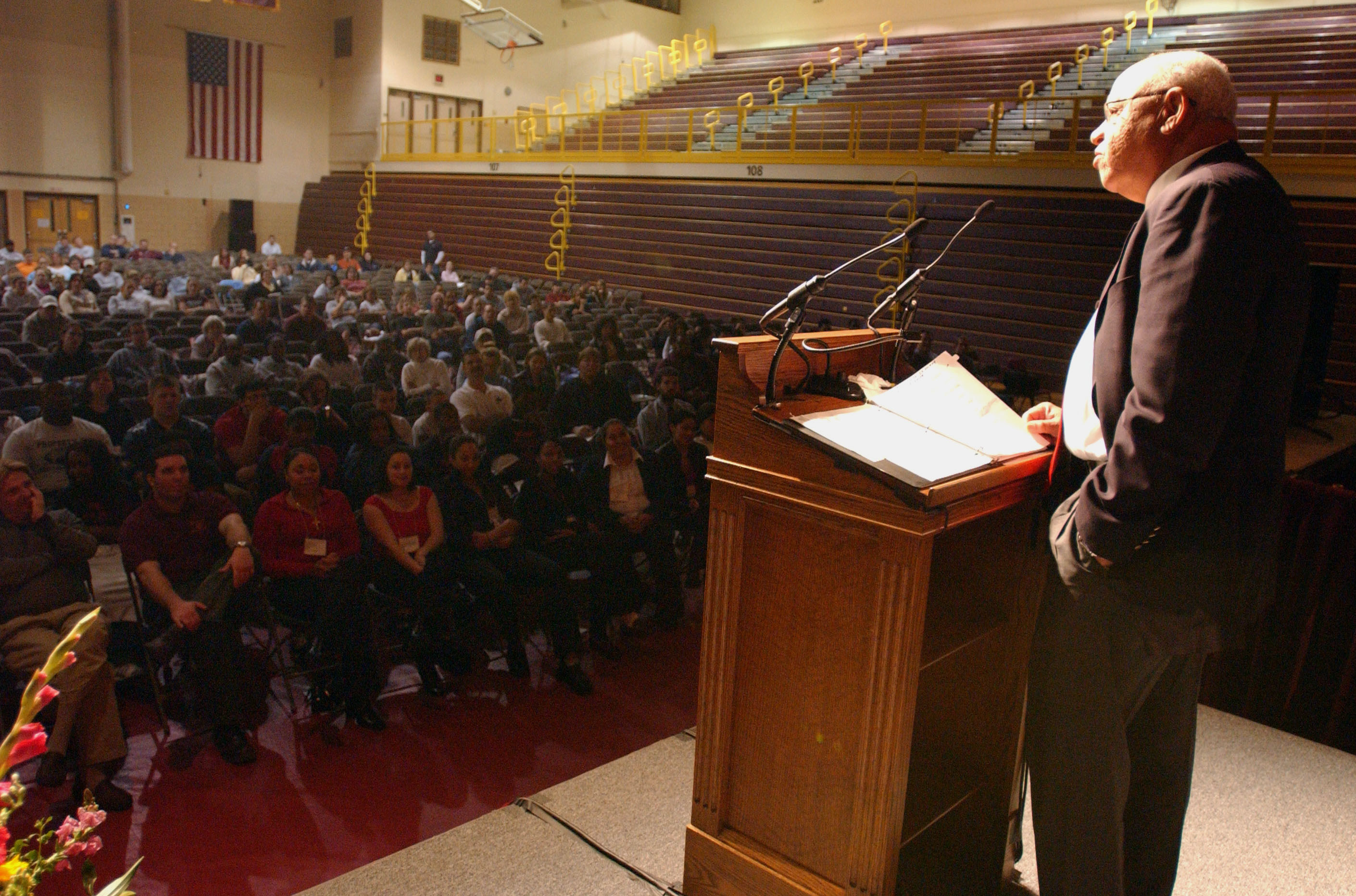 Herman Boone, the football coach depicted by Denzel Washington in the movie &quot;Remember the Titans,&quot; speaking at Kutztown University