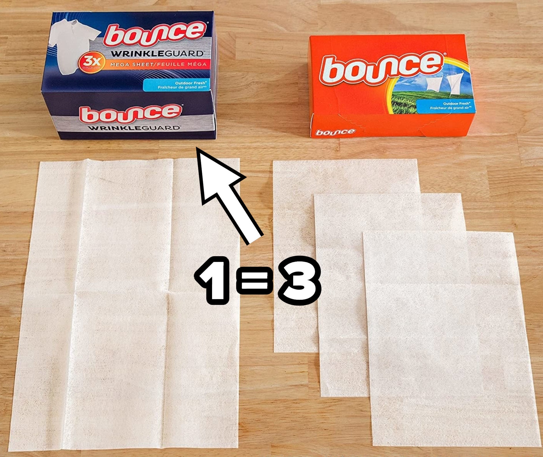 a big bounce sheet next to three regular bounce sheets