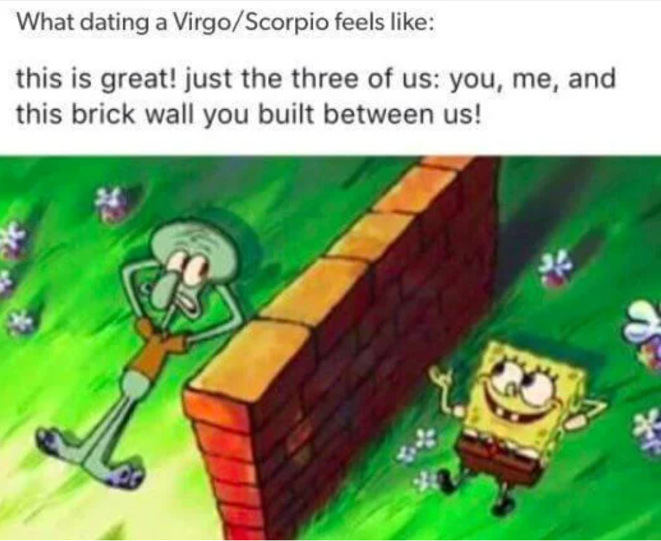 Spongebob and Squidward with brick wall between them