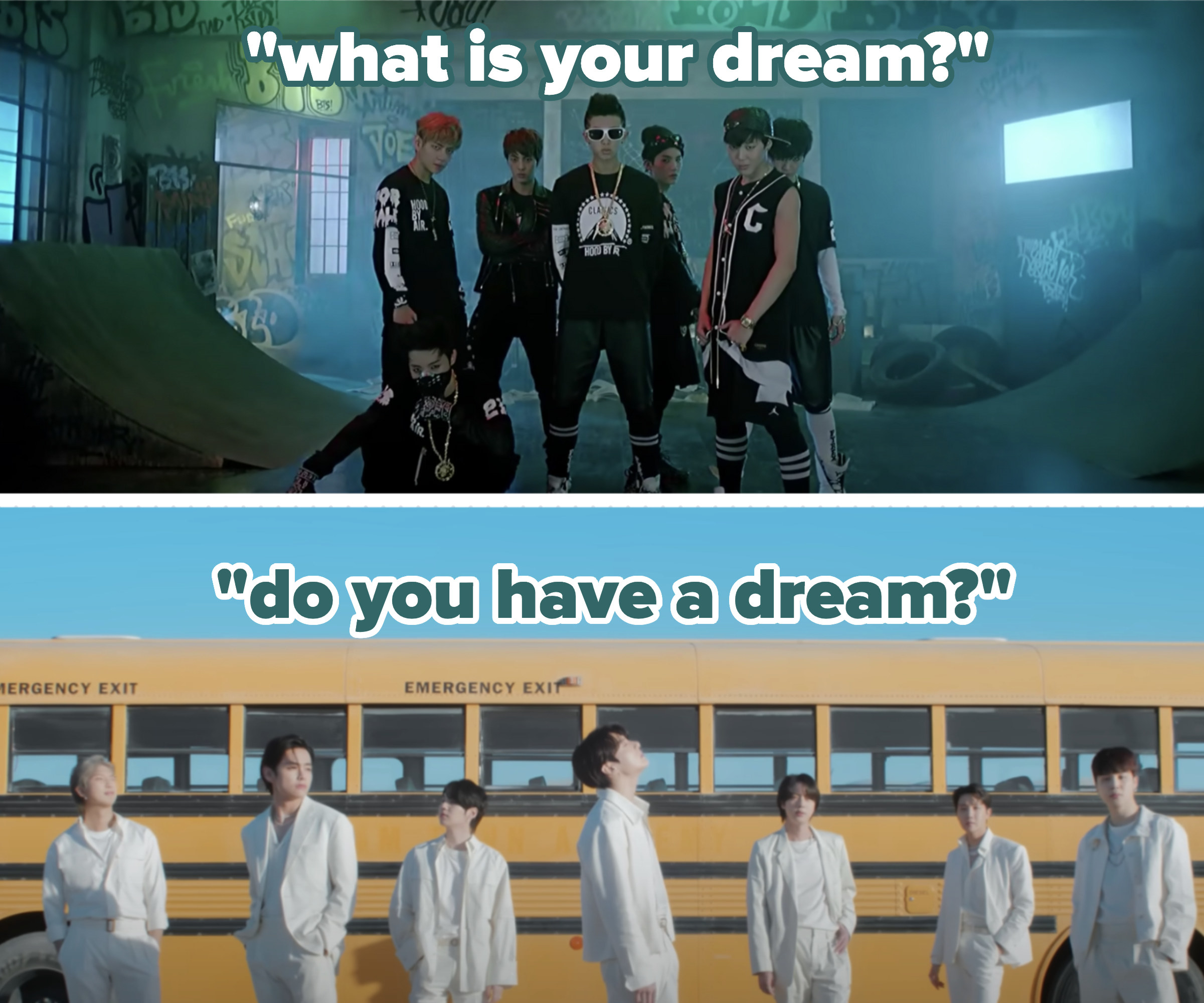top an image of bts from the no more dream video. on bottom an image of bts in the yet to come video.