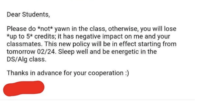 The email from a teacher says students can lose up to 5 credits for yawning in class