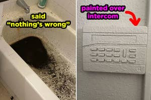A bathtub full of black liquid, and a painted-over intercom